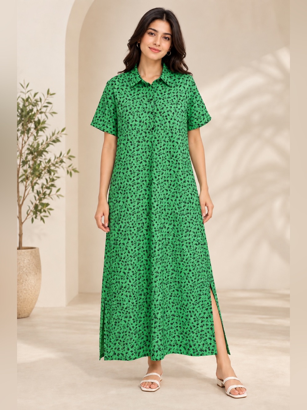 Wednesday’s Girl Green Floral Maxi Shirt Dress Size M